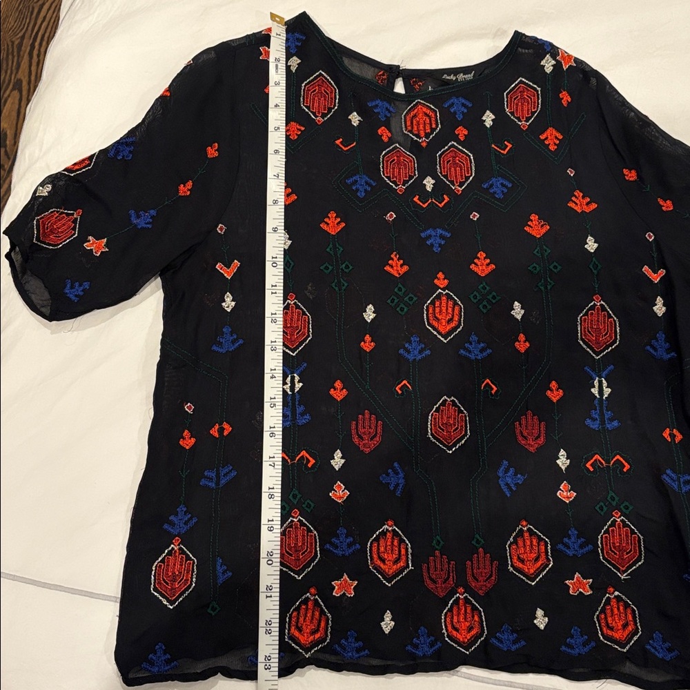 Lucky Brand Black Sheer Blouse with Red and Blue Embroidery - Picture 6 of 7